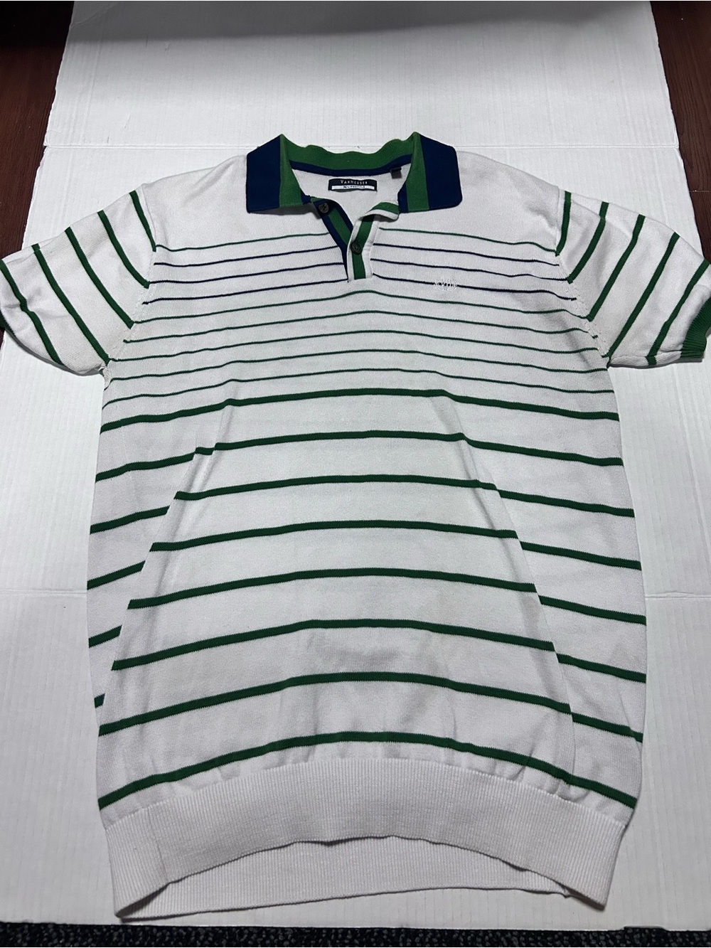 Van Heusen White Polo with Green Stripes and Navy Trim